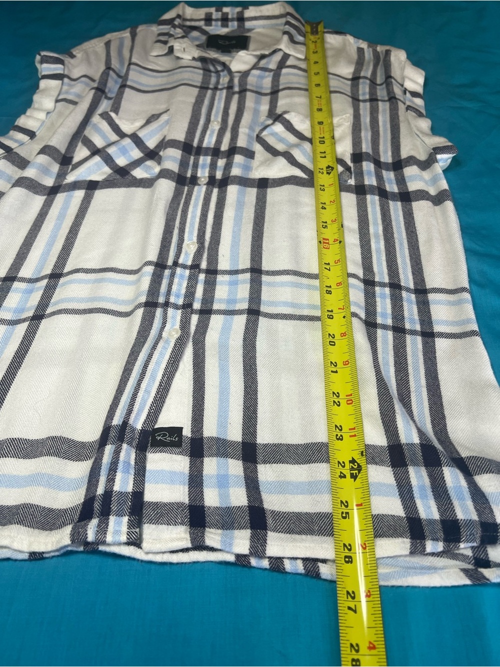 Rails Plaid Sleeveless Button Front Blouse Blue White Rayon S - Picture 9 of 9